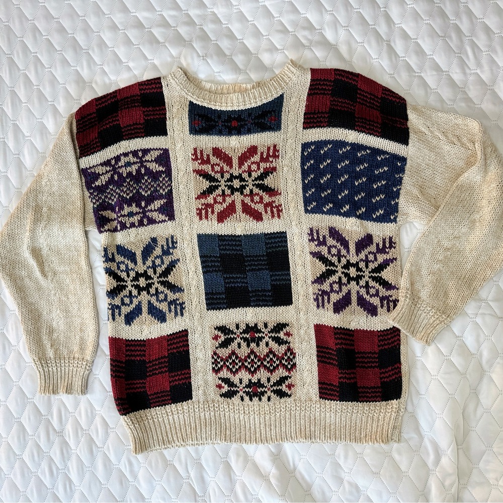 Woolrich Sweater Mens Large Beige Patchwork Plaid Snowflake Cotton Knit Good